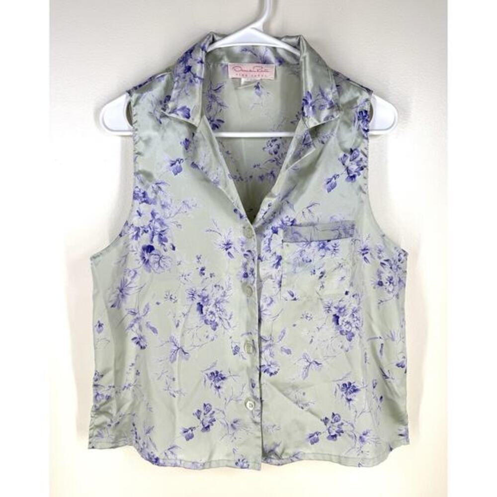 Oscar de la Renta Pink Label Top Sz Med‎ Floral Satin Sheer Button Pajama Tank